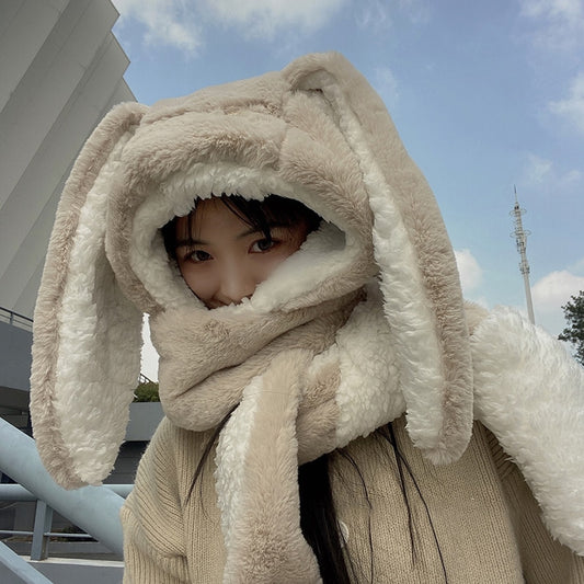 new Fashion Scarf Hat Glove 3 Piece Women cute Big Ear Bunny  Winter Warm Soft Thickening Pocket Hats  Hooded