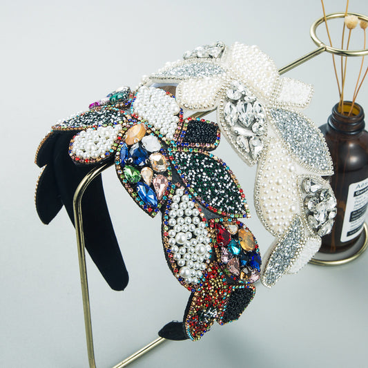 Headband Fashion Ball Rhinestone Pearl Leaf-Shaped Baroque Headband Exaggerated Wide-Brimmed Hair Accessories