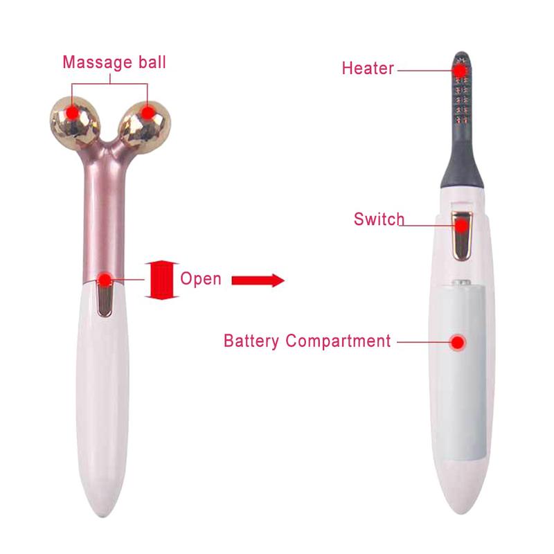 2 In 1 Electric Portable Heated Eyelash Curler 3D Face Slimming Massage Roller Eye Lashes Curling Tool Facial Beauty Tools