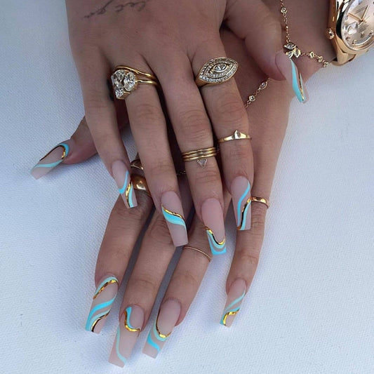 Gold Line Wave Pattern Long Ballet Nail Printed Gold Frosted Manicure Ins Matte Pop Style Contrast Color Wearing Nail
