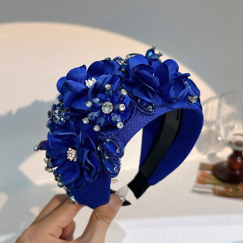 Solid color fabric flower oversized wide edged crystal headband