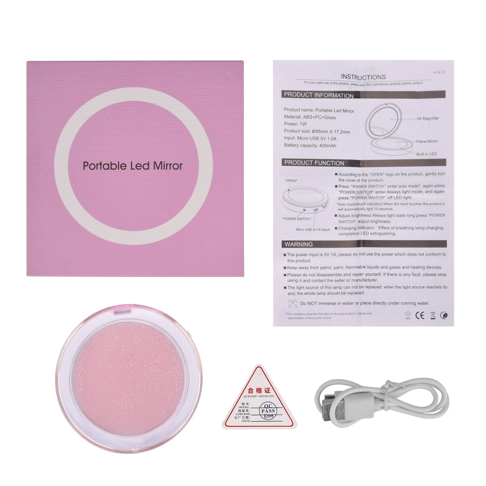 10 Lights LED Mini Makeup Mirror 1X 3X Magnify Hand Held Fold Small Portable Micro USB Connect Cable Built-in Battery Chargeable