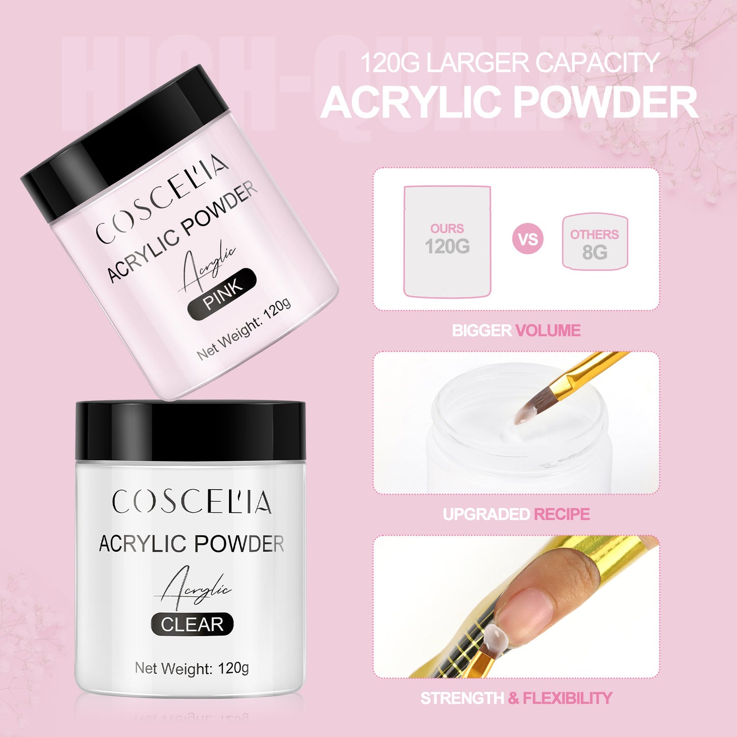 COSCELIA New 120g White Powder Transparent Crystal Powder 150ML Crystal Liquid Nail Shop Nail Tool Set