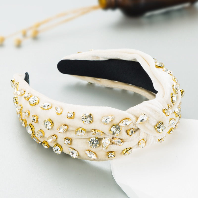 Fashionable gold velvet hand sewn full diamond hairband