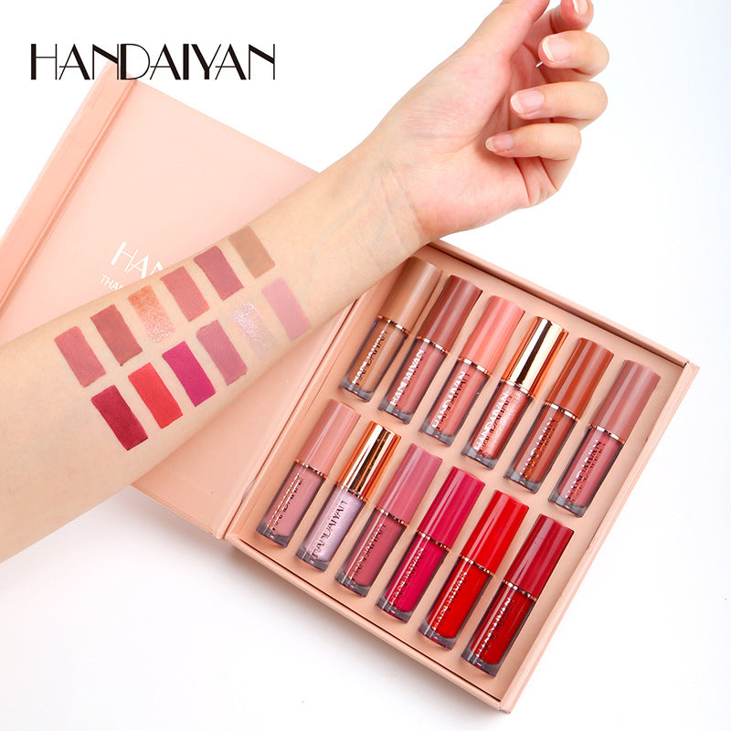 HANDAIYAN 12 Color Book Lip Gloss Set Liquid Lipstick Set Matte Pearlescent Non-Stick Cup Lip Glaze