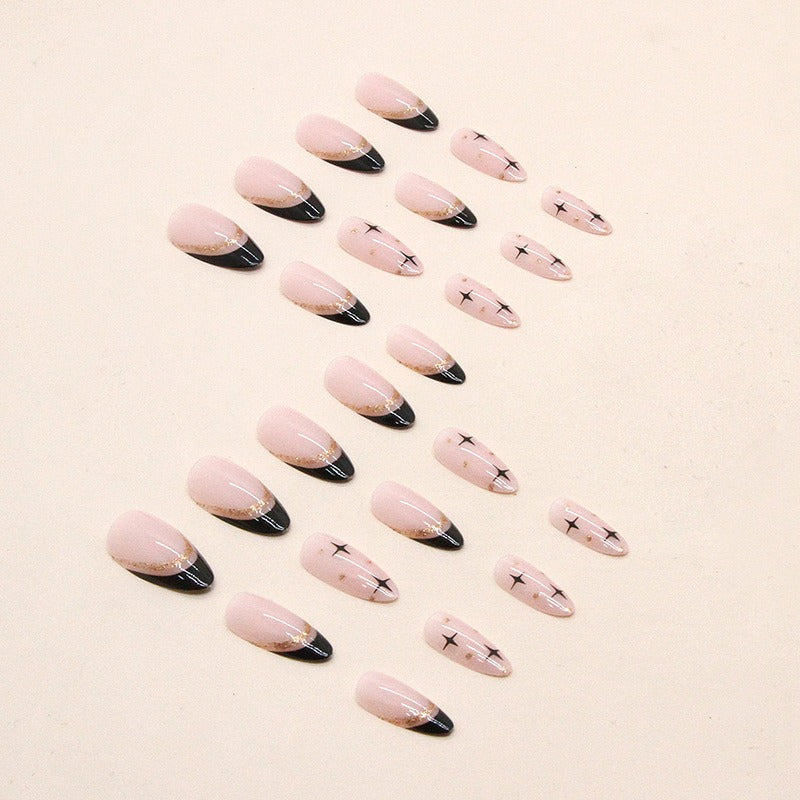 Sweet cool black French flash gold powder almond nails European and American fake nails removable nail pieces