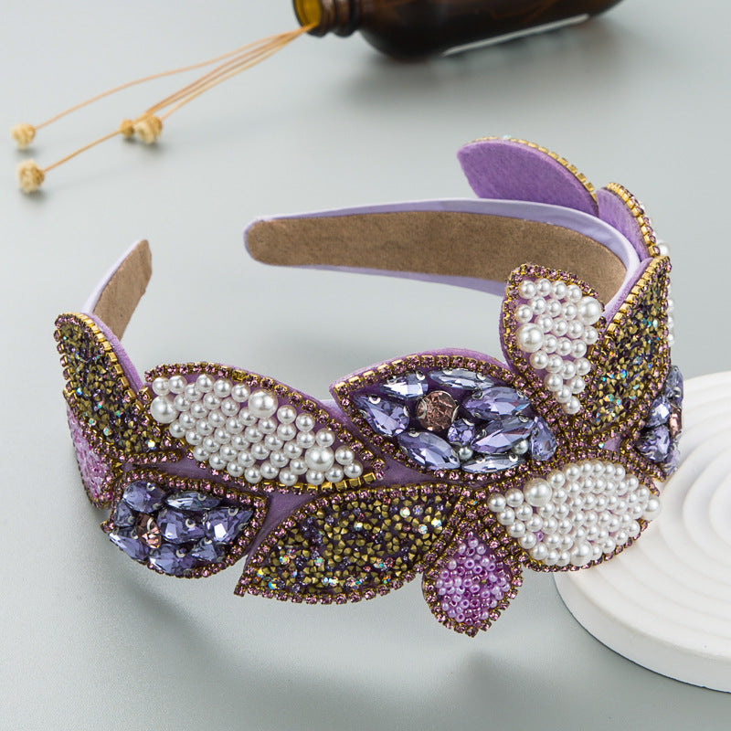 Headband Fashion Ball Rhinestone Pearl Leaf-Shaped Baroque Headband Exaggerated Wide-Brimmed Hair Accessories