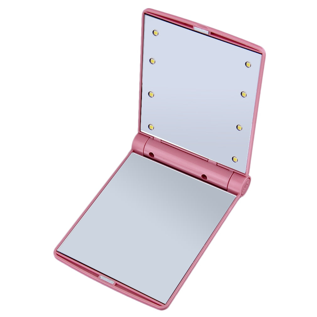 Foldable Makeup Mirrors Lady Cosmetic Hand Folding Portable Compact Pocket Mirror 8 LED Lights Lamps
