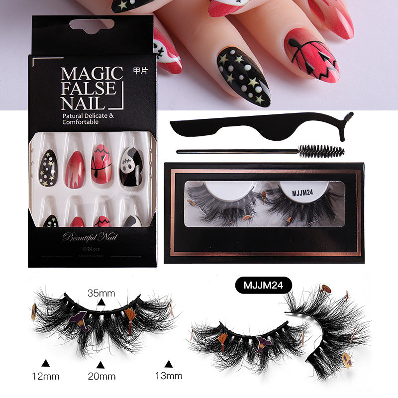 Halloween False Eyelashes Europe And America Multi-Layer Thick Messy Mink Hair Nail And Eyelash Set