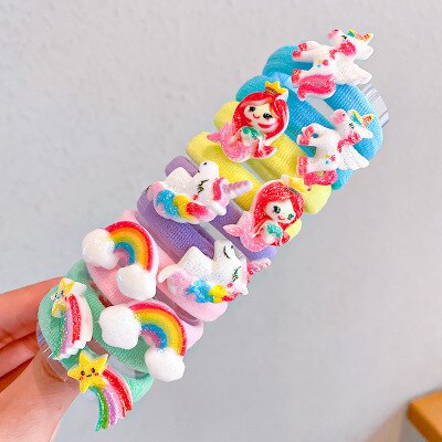 10PCS/Set Rainbow Cartoon Character Fruits Flower Nylon Elastic Hair Bands Women Girl Sweet Rubber Hair Tie Scrunchie Headwear