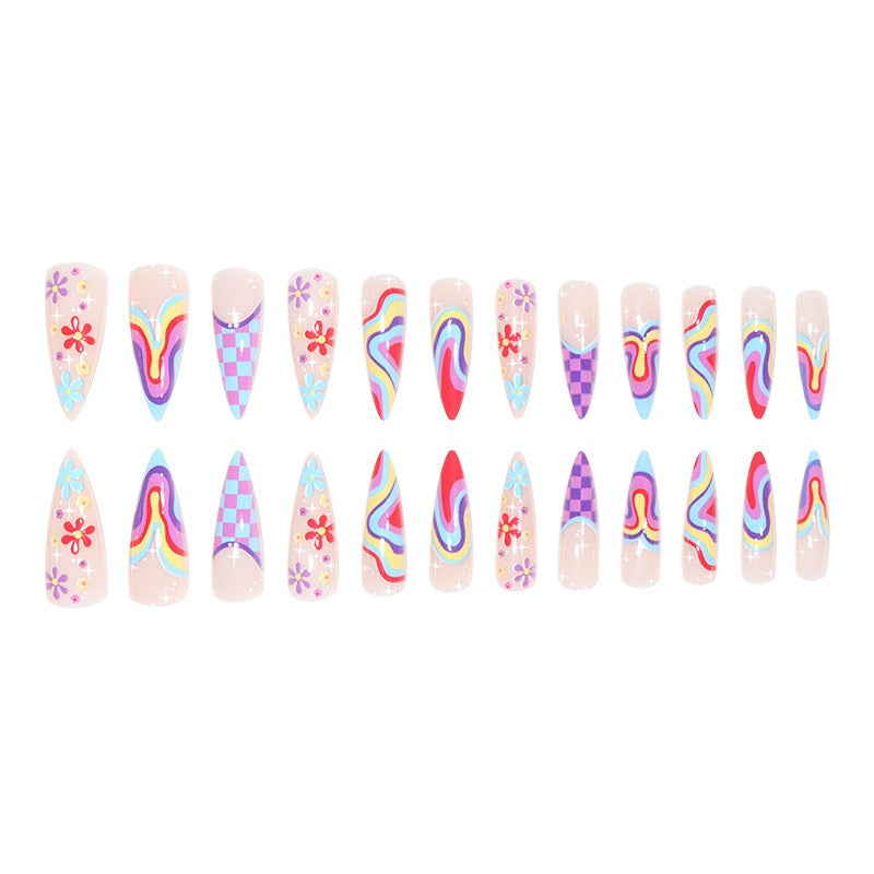European and American wearable fake nails multi-color corrugated small flower checkerboard nails