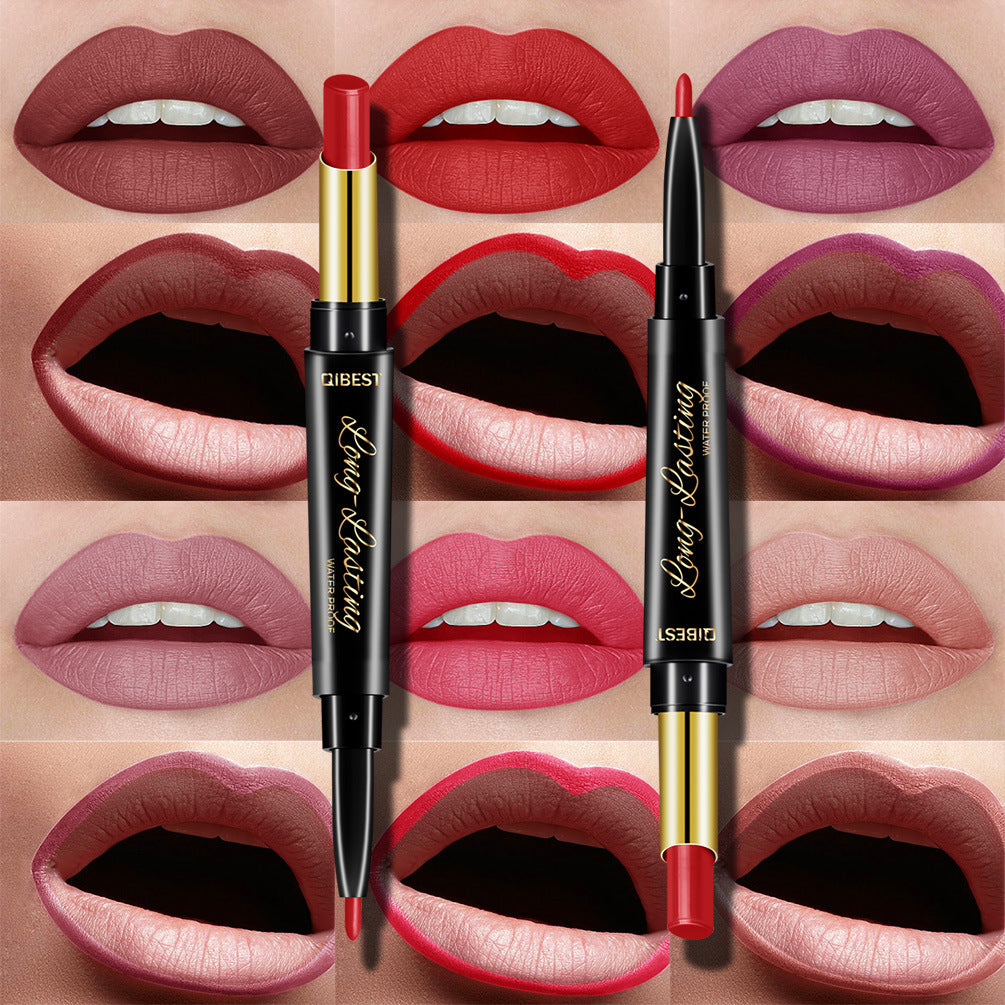 QIBEST Double-Ended Lipstick Pen Moisturizing Matte Matte Lipstick + Lip Liner Rotating Lip Liner
