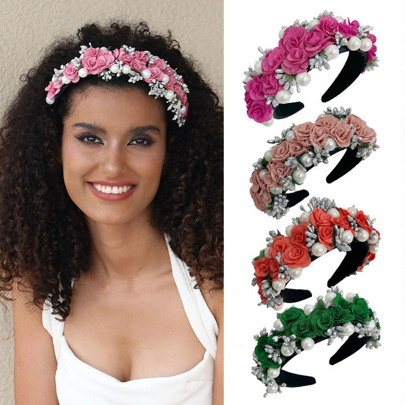 Fashionable Baroque Fabric Rose Pearl Flower Headband