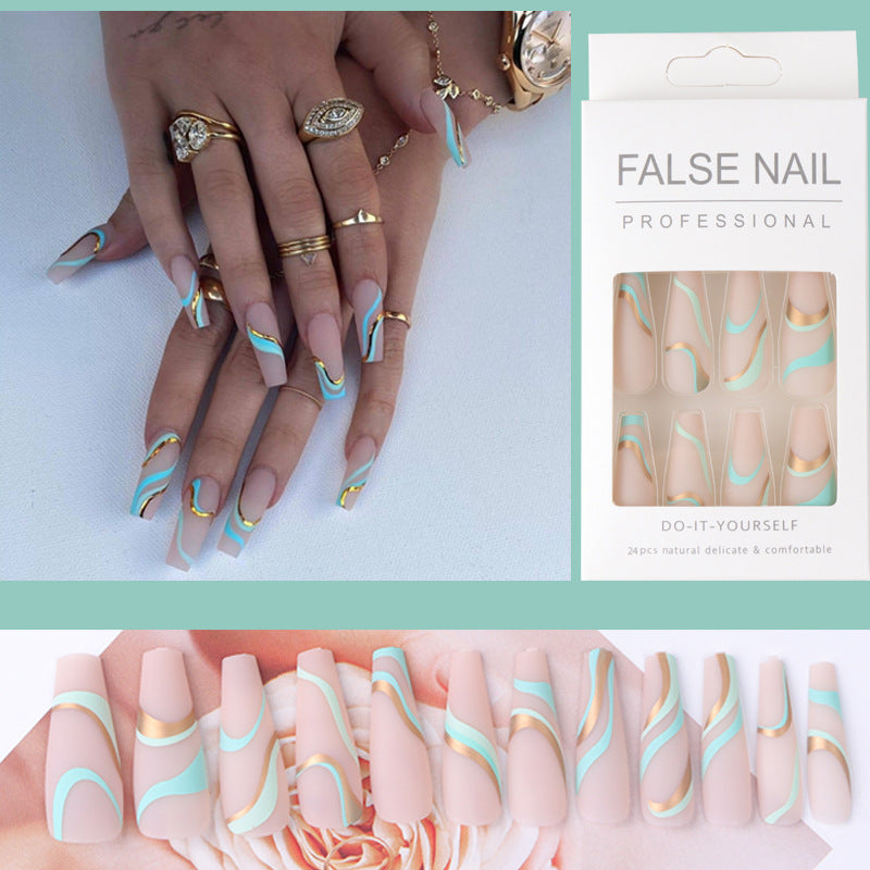 Gold Line Wave Pattern Long Ballet Nail Printed Gold Frosted Manicure Ins Matte Pop Style Contrast Color Wearing Nail