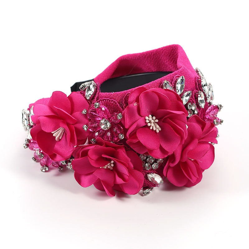 Handmade fabric three-dimensional flower embroidery hair hoop with rhinestone heavy work headband