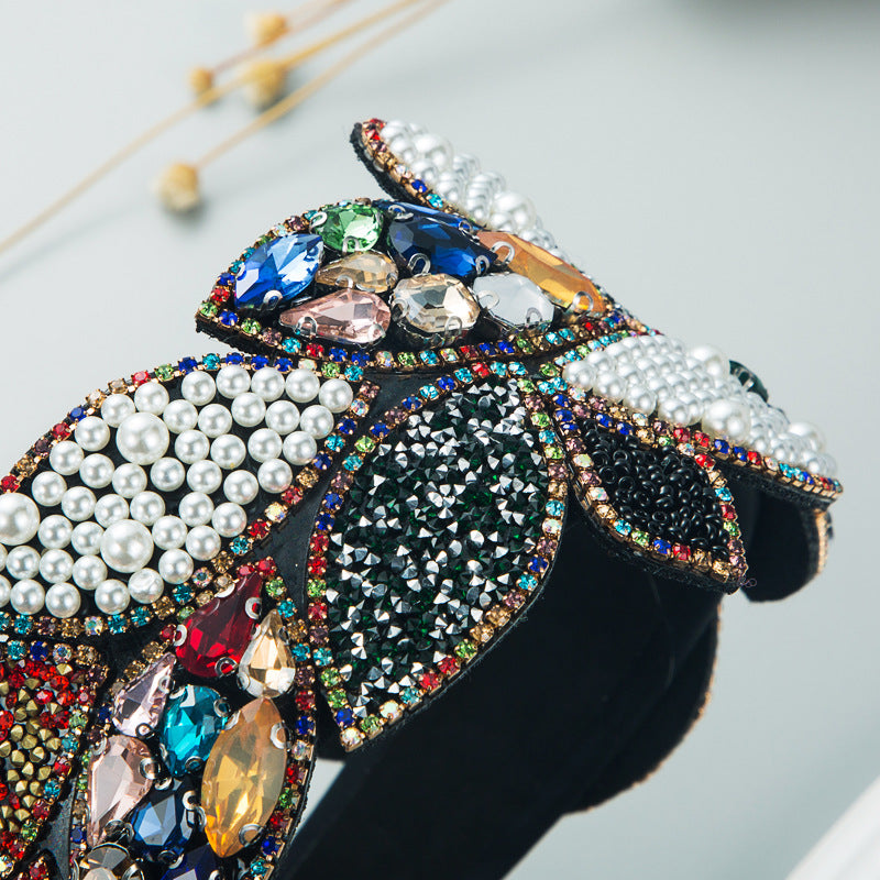 Headband Fashion Ball Rhinestone Pearl Leaf-Shaped Baroque Headband Exaggerated Wide-Brimmed Hair Accessories