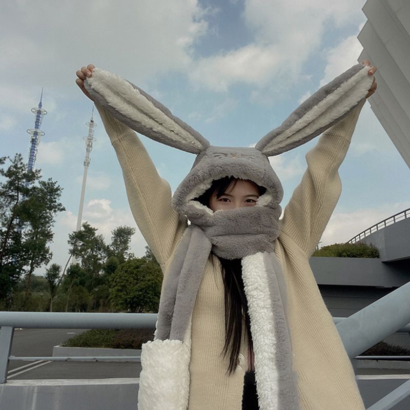 new Fashion Scarf Hat Glove 3 Piece Women cute Big Ear Bunny  Winter Warm Soft Thickening Pocket Hats  Hooded