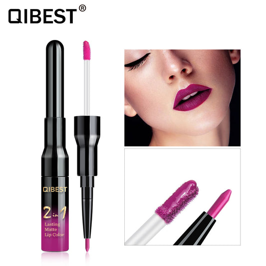 QIBEST2 In 1 Lip Gloss + Lip Pencil Matte Non Stick Liquid Lipstick Double Head Lip Gloss Pen