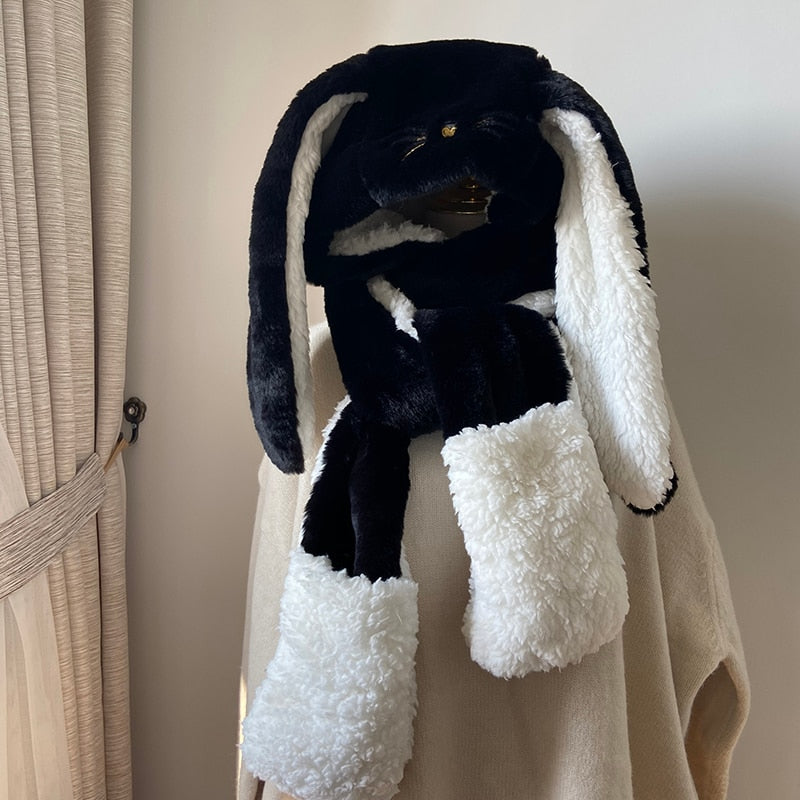 new Fashion Scarf Hat Glove 3 Piece Women cute Big Ear Bunny  Winter Warm Soft Thickening Pocket Hats  Hooded