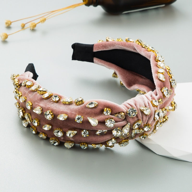 Fashionable gold velvet hand sewn full diamond hairband