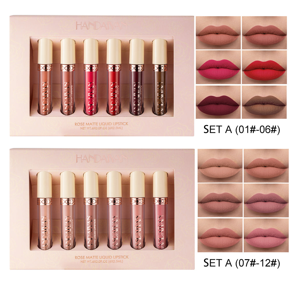 HANDAIYAN 6 Matte Rose Lip Gloss Liquid Lipsticks Are Not Easy To Stain The Cup Is Not Easy To Fade Matte Lip Gloss Set Cosmetics