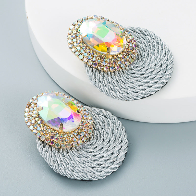 European And American Style Colored Diamond Series Personality Exaggerated Oval Glass Diamond Earrings Handmade Line Braided Earrings