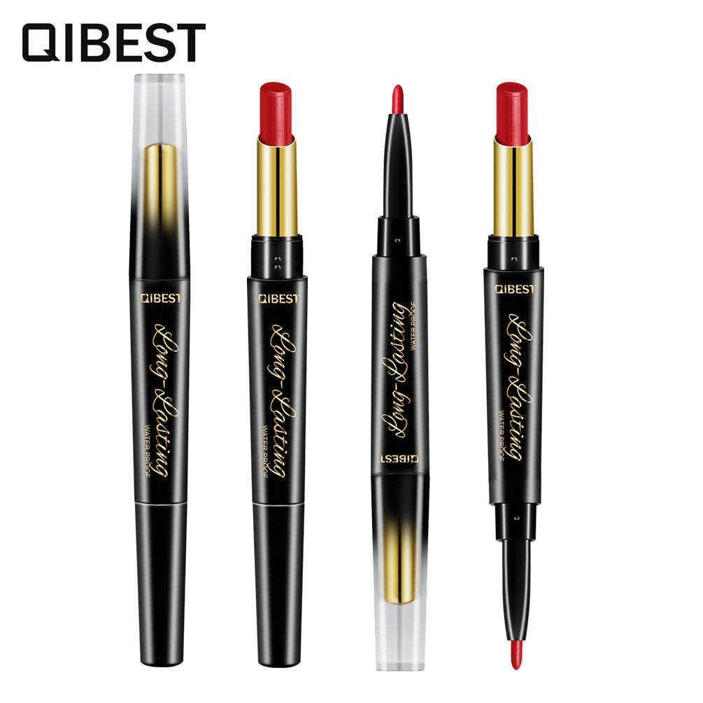QIBEST Double-Ended Lipstick Pen Moisturizing Matte Matte Lipstick + Lip Liner Rotating Lip Liner