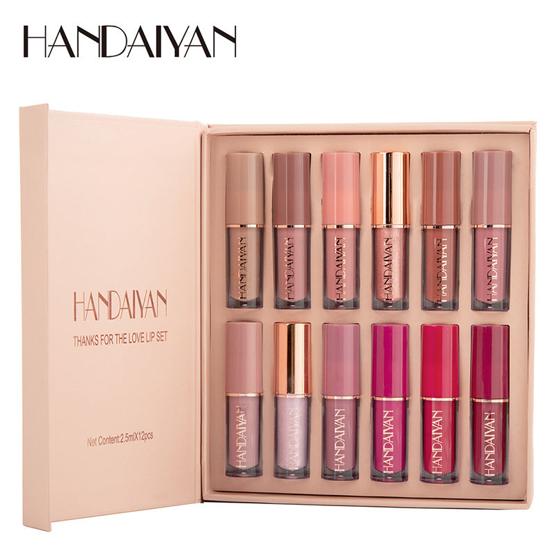 HANDAIYAN 12 Color Lip Gloss Set Liquid Lipstick Set Matte Pearlescent Non-Stick Cup Lip Gloss