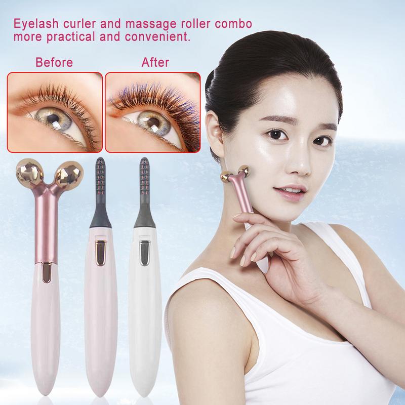 2 In 1 Electric Portable Heated Eyelash Curler 3D Face Slimming Massage Roller Eye Lashes Curling Tool Facial Beauty Tools