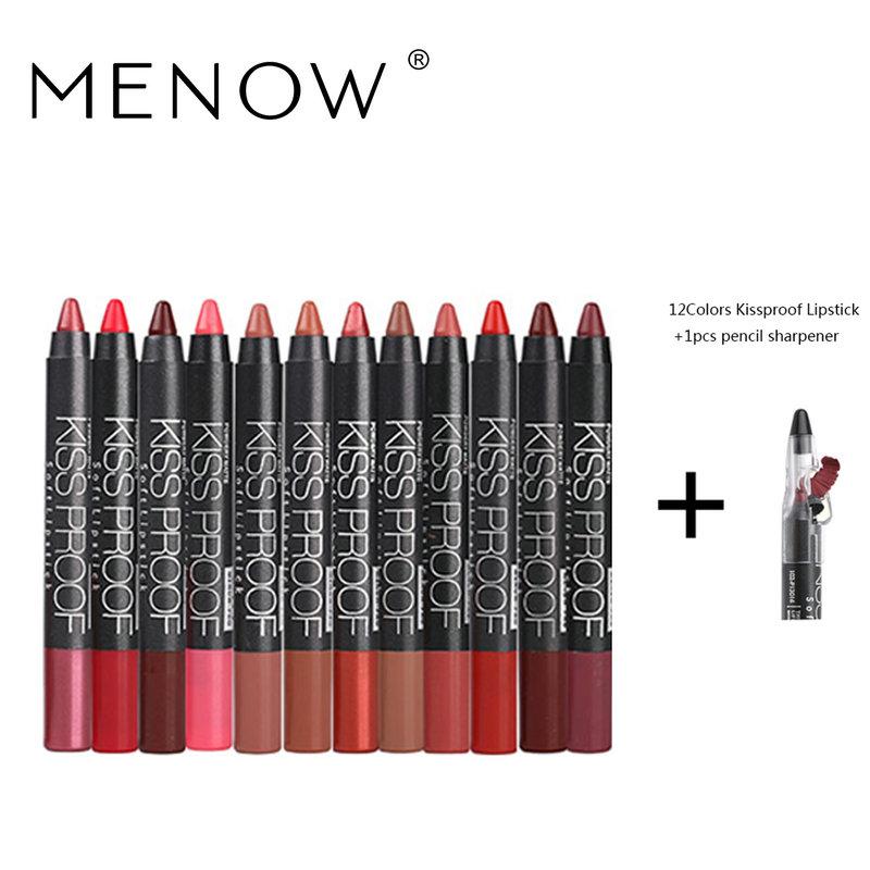 Menow 12 Color/Pack KISS PROOF Sexy Beauty Waterproof Lipstick Pen Lasting Do Not Fade Lipstick Gift 1Pcs Pencil Sharpener 4186