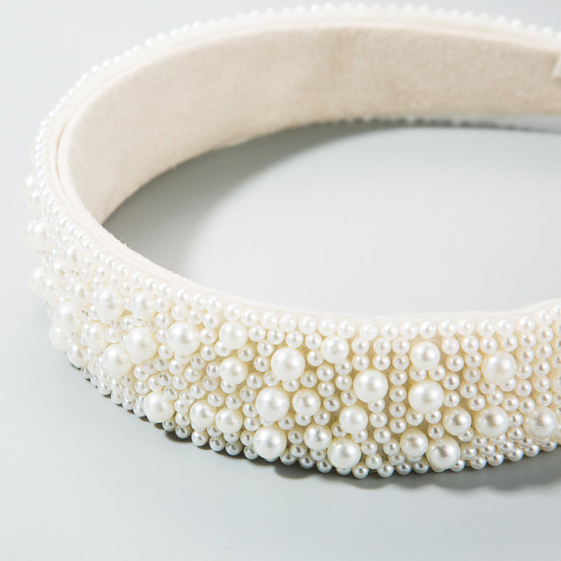 Trend Light Luxury Pearl Headband Hair Accessories Bride Retro Headwear Hand-Sewn Sponge Wide-Brimmed Headband