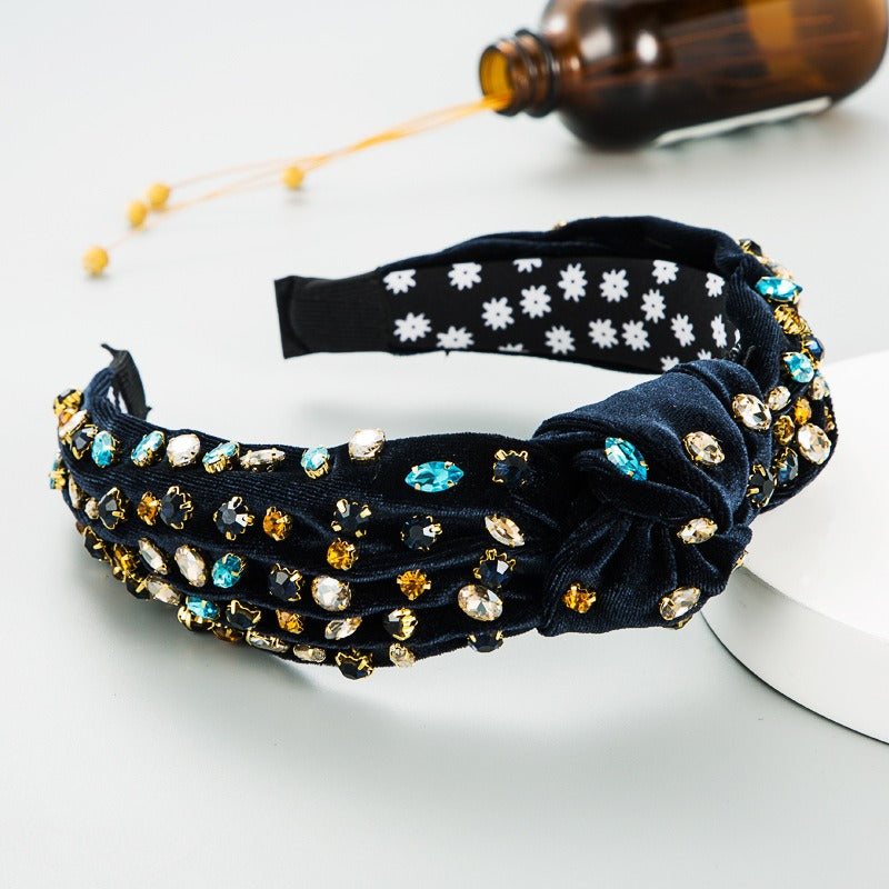 Fashionable gold velvet hand sewn full diamond hairband