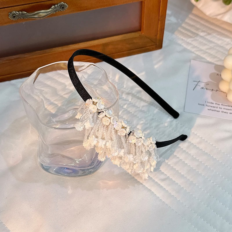 Handmade rice bead tassel flower side hair hoop for women