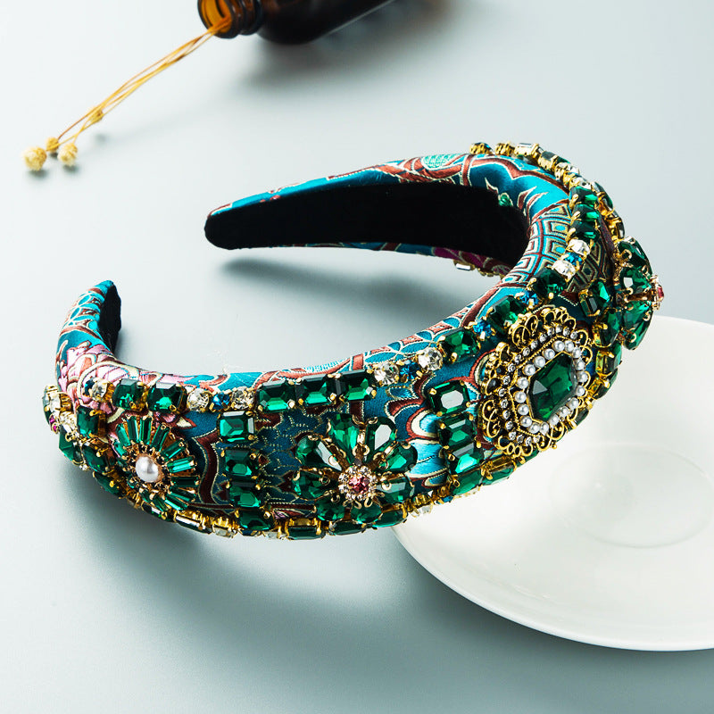 Hair Hoop Baroque Court Style Heavy Industry Full Drill Hoop Thickened Sponge Embroidery Wide-Brimmed Prom Hair Accessories