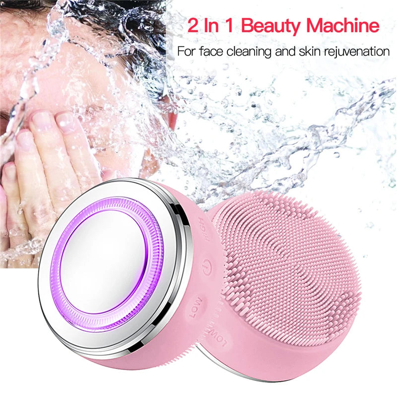 2in1 LED Light Silicone Heating Face Cleanser Massage Facial Cleaning Skin Scrub Washing Brush Skin Care Cleaner Massager